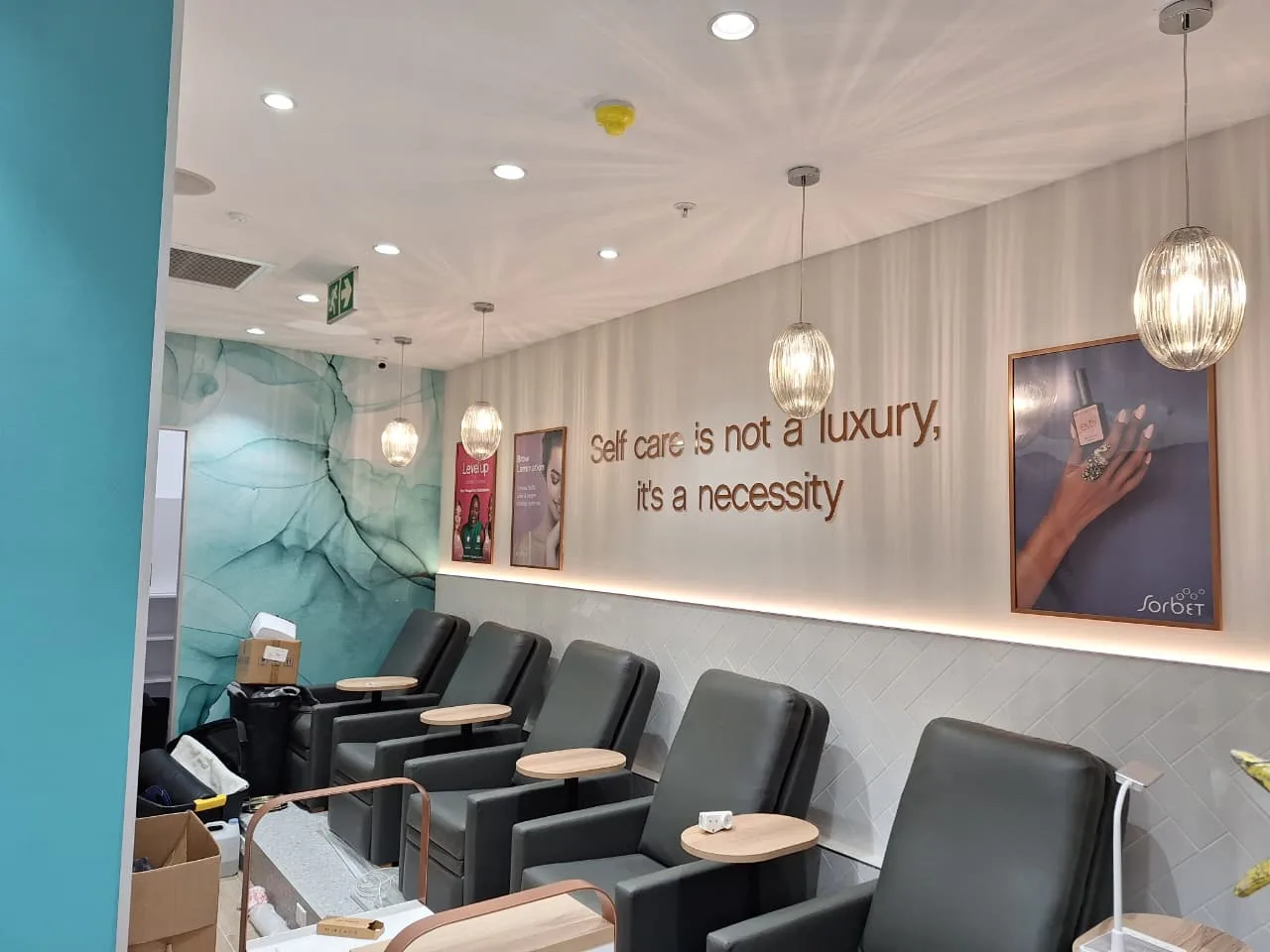 Retail salon feature lighting and shelving electrical installation
