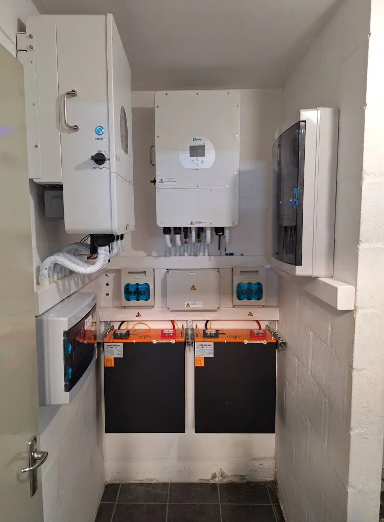 Sunsynk and Deye inverter with lithium battery backup installed in a home plant room